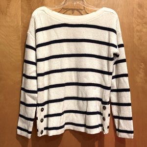 MARLED WHITE SCOOPNECK SWEATER W/BLACK STRIPES & BUTTONS~MEDIUM